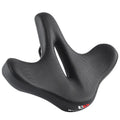 Black leather bicycle seat cushion with thick polyurethane foam padding.
