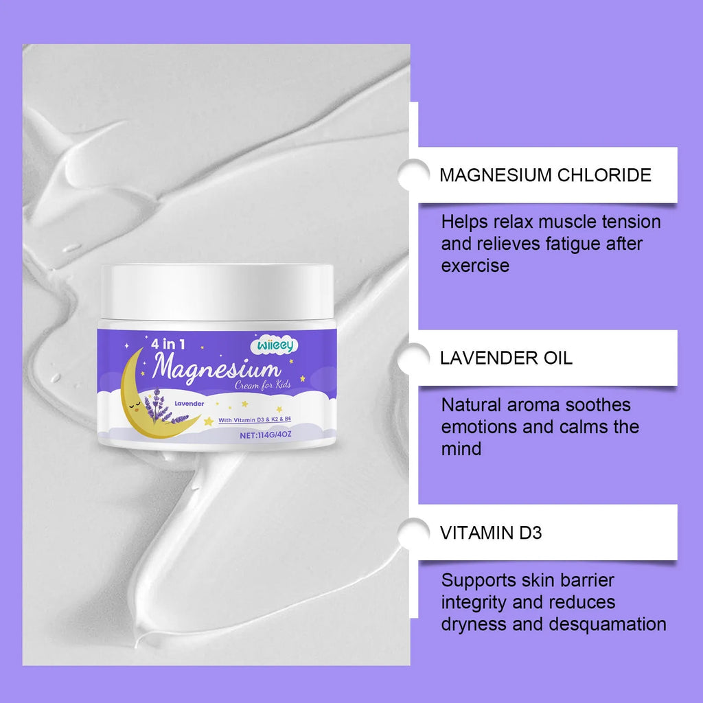 114g jar of 4-in-1 magnesium cream for children with vitamins D3, K2 and B6