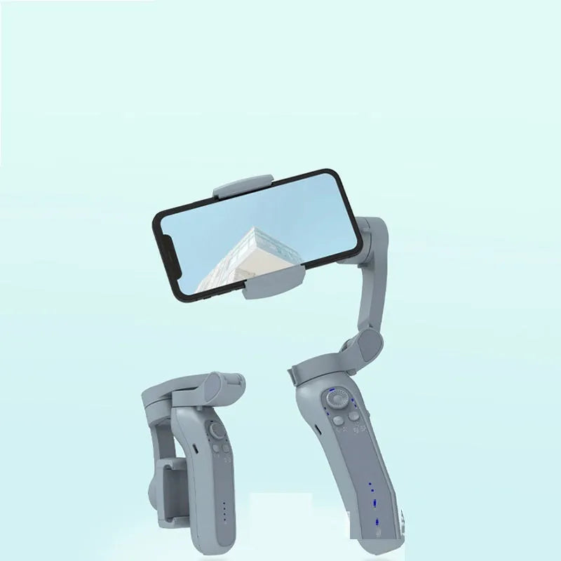 Folding three-axis mobile phone gimbal stabiliser shown in both unfolded and compact folded configurations