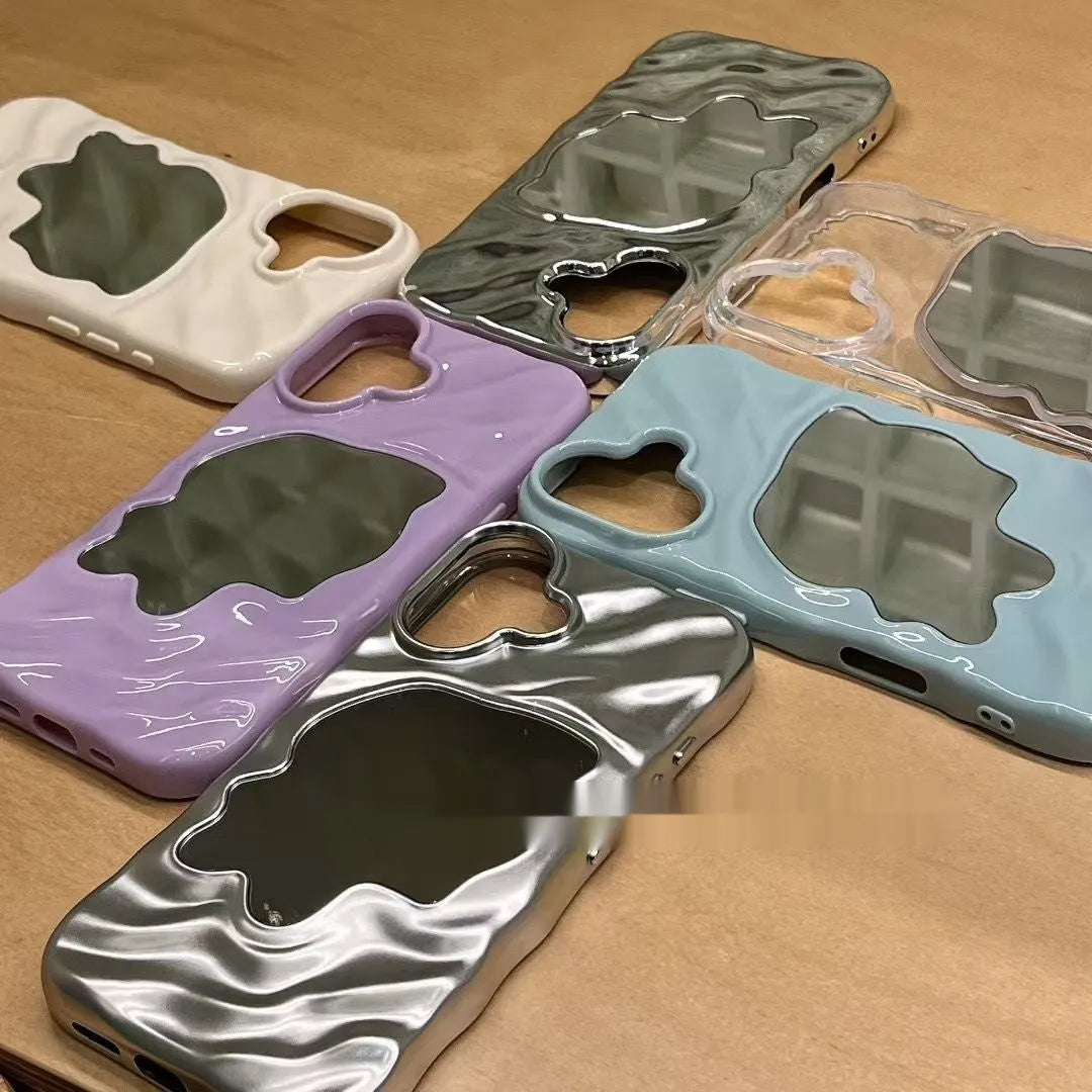 Solid colour iPhone case with water ripple texture and a small mirror, shown in beige colour.