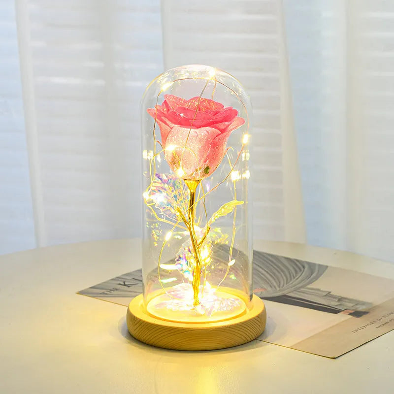 Handmade eternal red rose flower with warm white LED lights inside a clear glass dome display