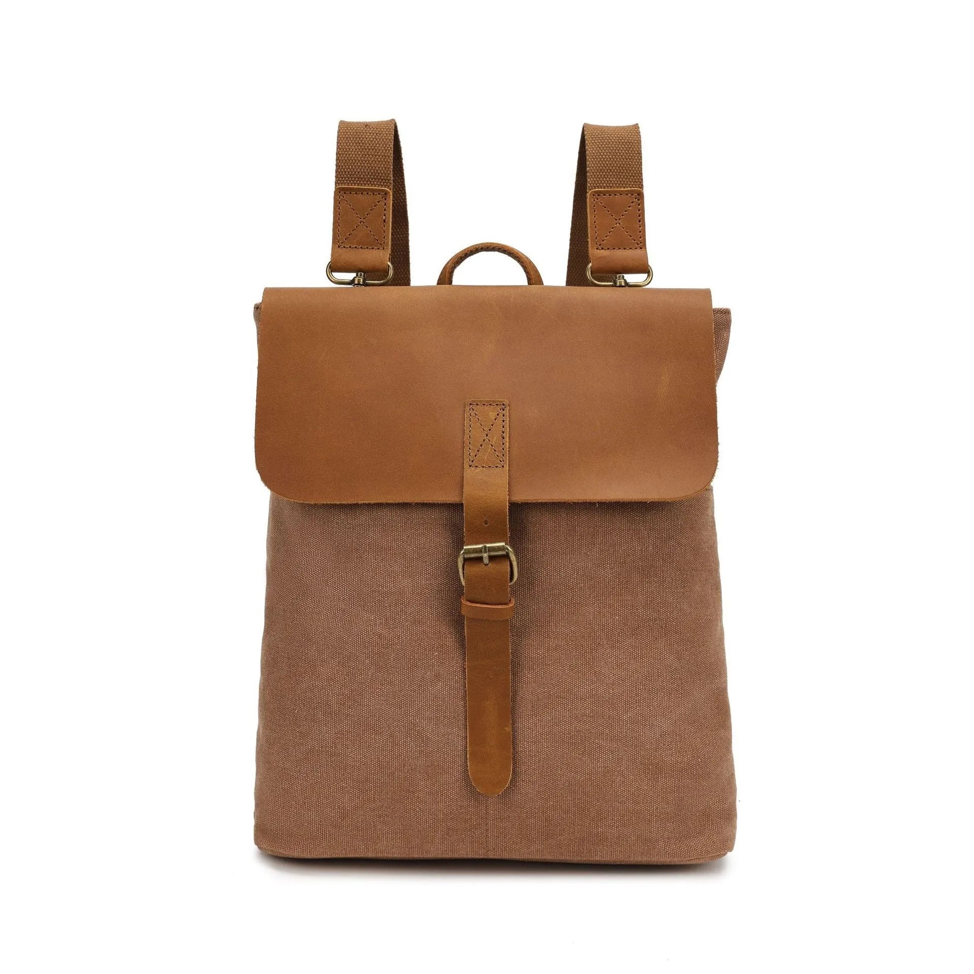 Crazy Horse Leather casual student backpack in waterproof canvas with splicing design
