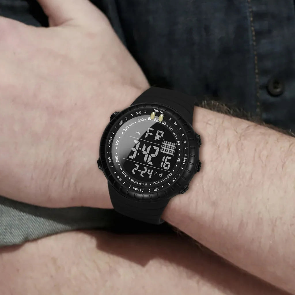 Black waterproof outdoor digital watch for men with large 54.74mm dial on a PU strap.