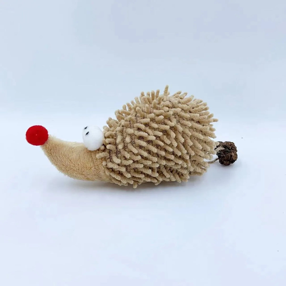 Khaki chenille cat toy shaped like a cartoon hedgehog with catnip filling