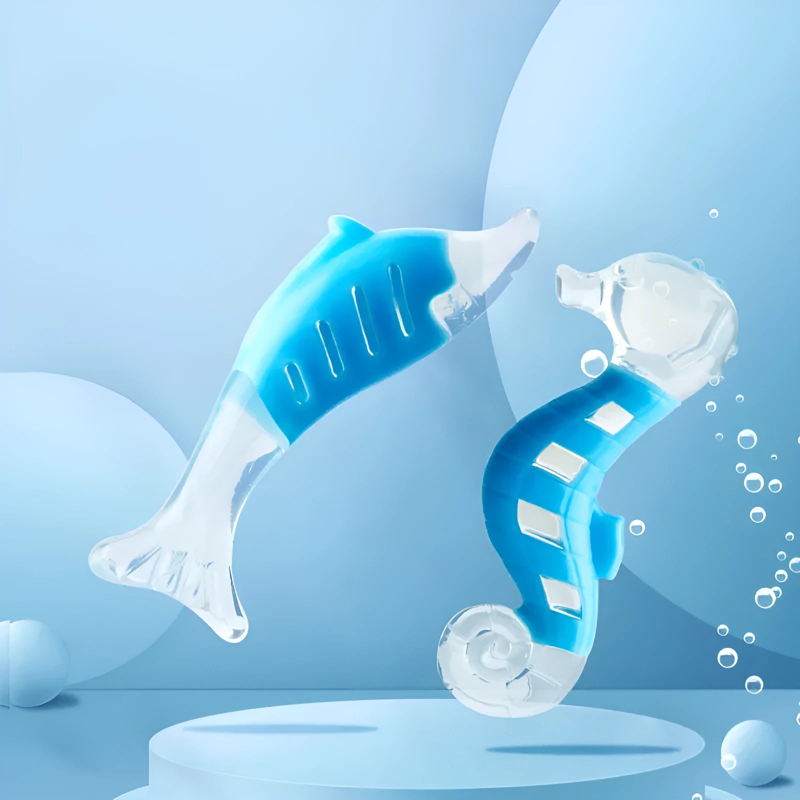 Two dog chew toys - seahorse and tuna shapes - made from soft PU nylon material