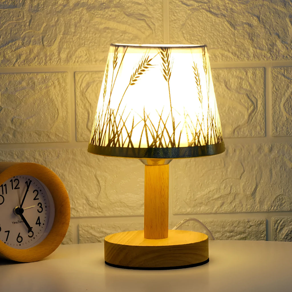 Creative solid wood fabric bedside lamp with geometric stereo design and remote control in heather gray finish