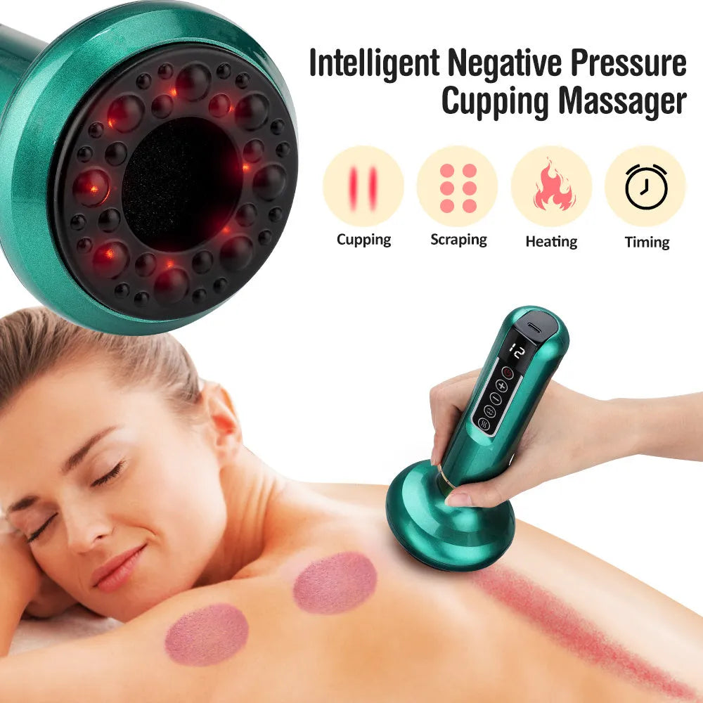 Green electric vacuum cupping massager with USB charger on a white background.
