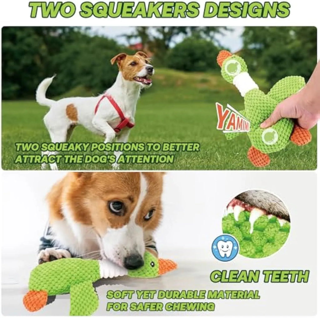 Blue, green, or grey duck-shaped plush dog toy with two squeakers.