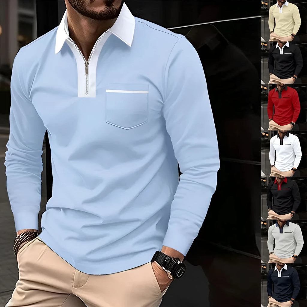 Men's long sleeve zip-up polo shirt with lapel collar in two-tone colour, cotton blend, sizes S-3XL.