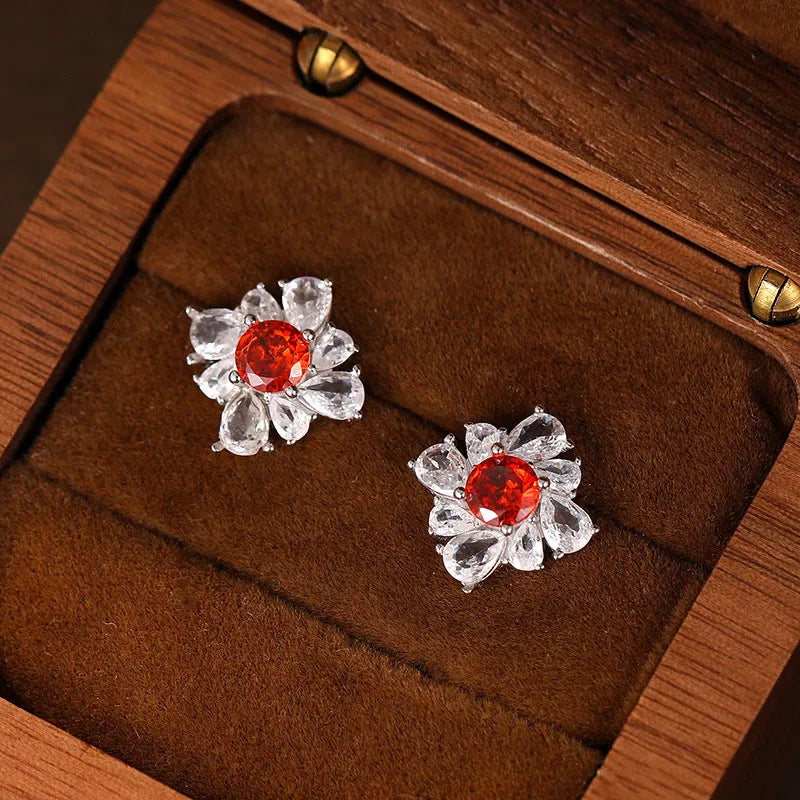 Women's retro pigeon red sterling silver earrings with geometric U-shaped design and diamond temperament styling