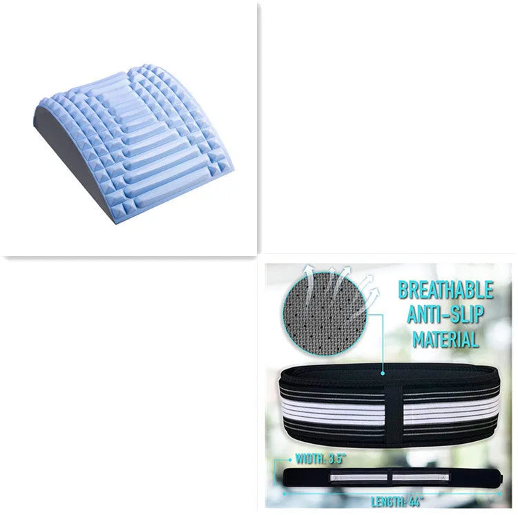 Blue back stretcher pillow for lumbar and neck support on a grey background.