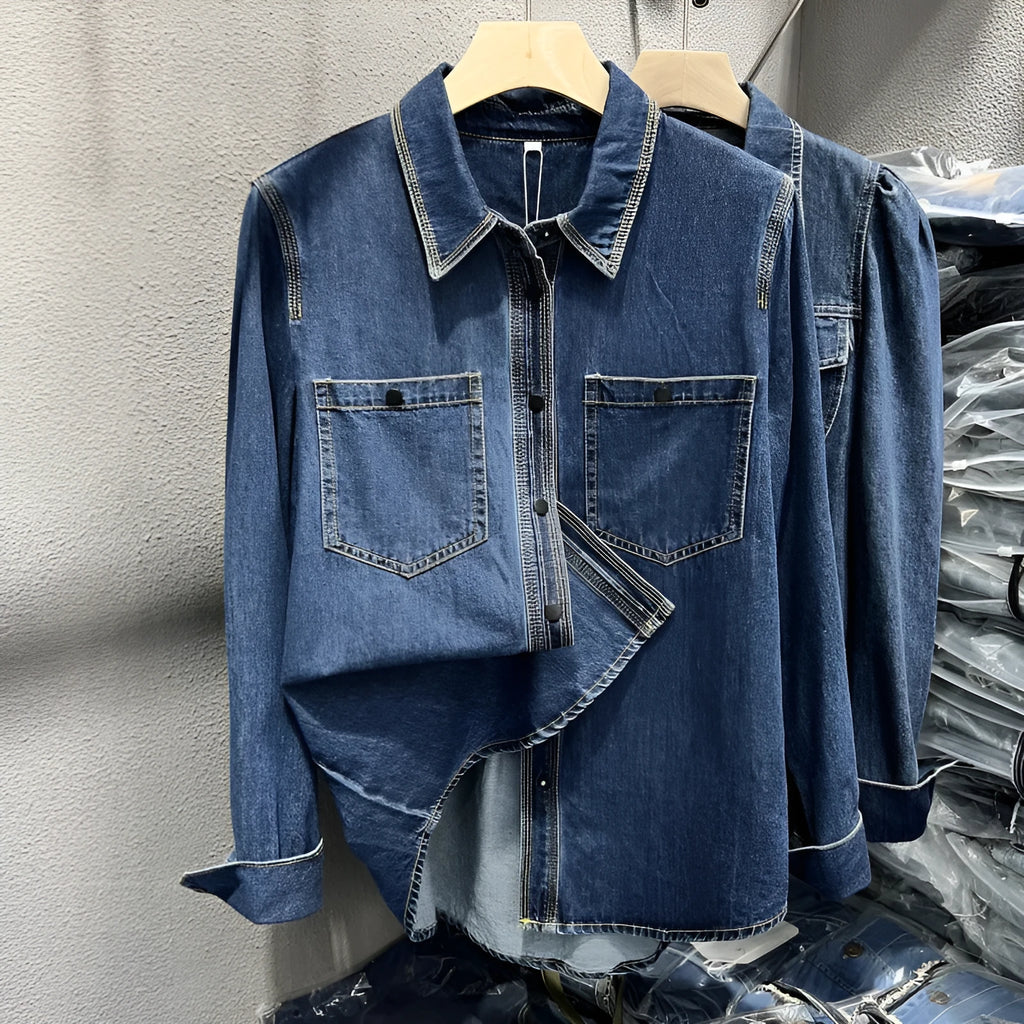 Layered retro top in denim-style polyester fabric with long sleeves, available in sizes S to 2XL