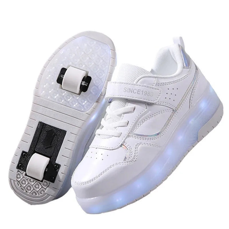 Children's LED flash rollerskates showing 2-wheel and 4-wheel models in multiple colours with illuminated wheels