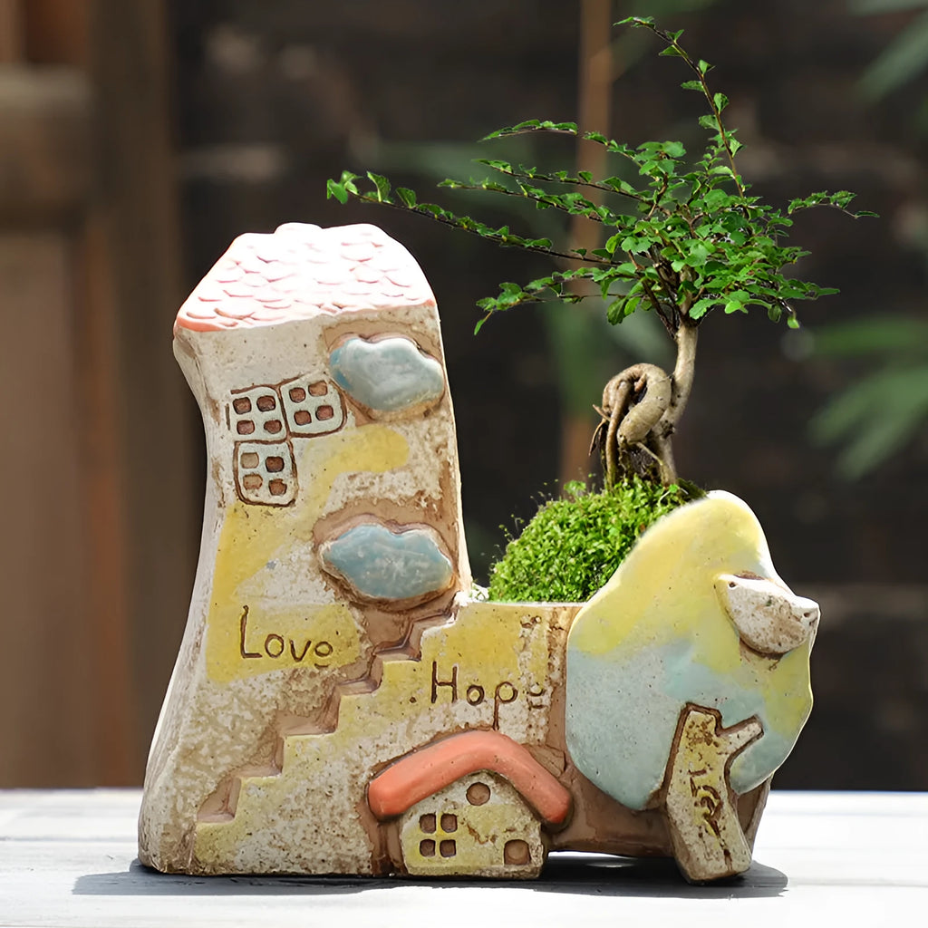 Handmade ceramic combination flower pot with hand-painted pastoral design for succulents