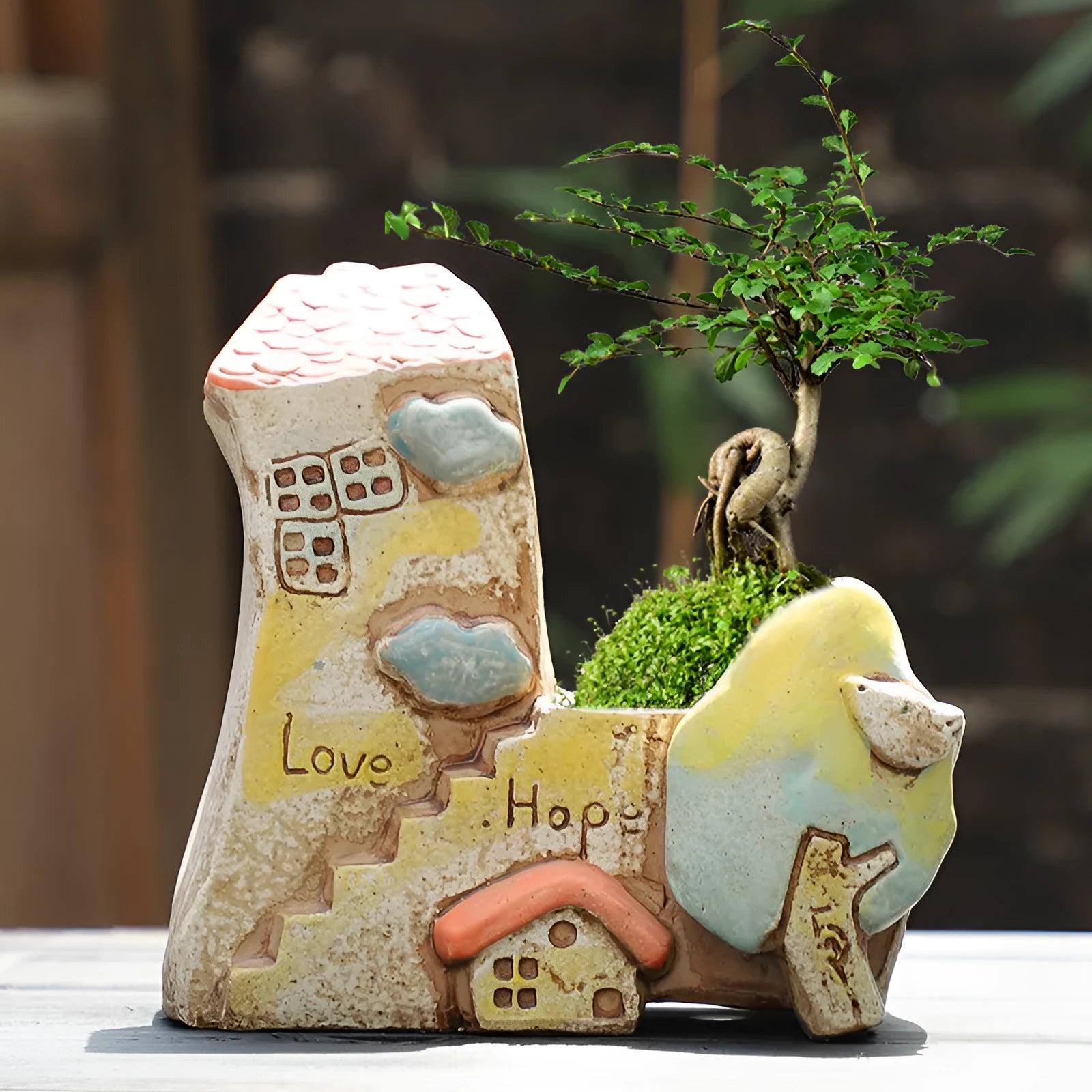 Handmade ceramic combination flower pot with hand-painted pastoral design for succulents