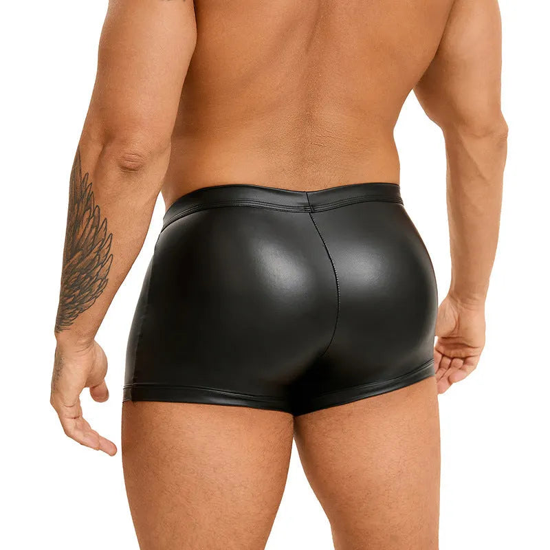 Black PU leather men's boxer shorts with a U-shaped pouch, shown flat.