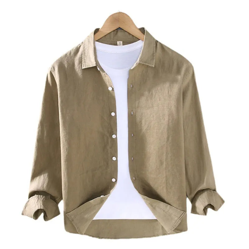 Men's pure linen long sleeve cardigan-style shirt in solid colour options