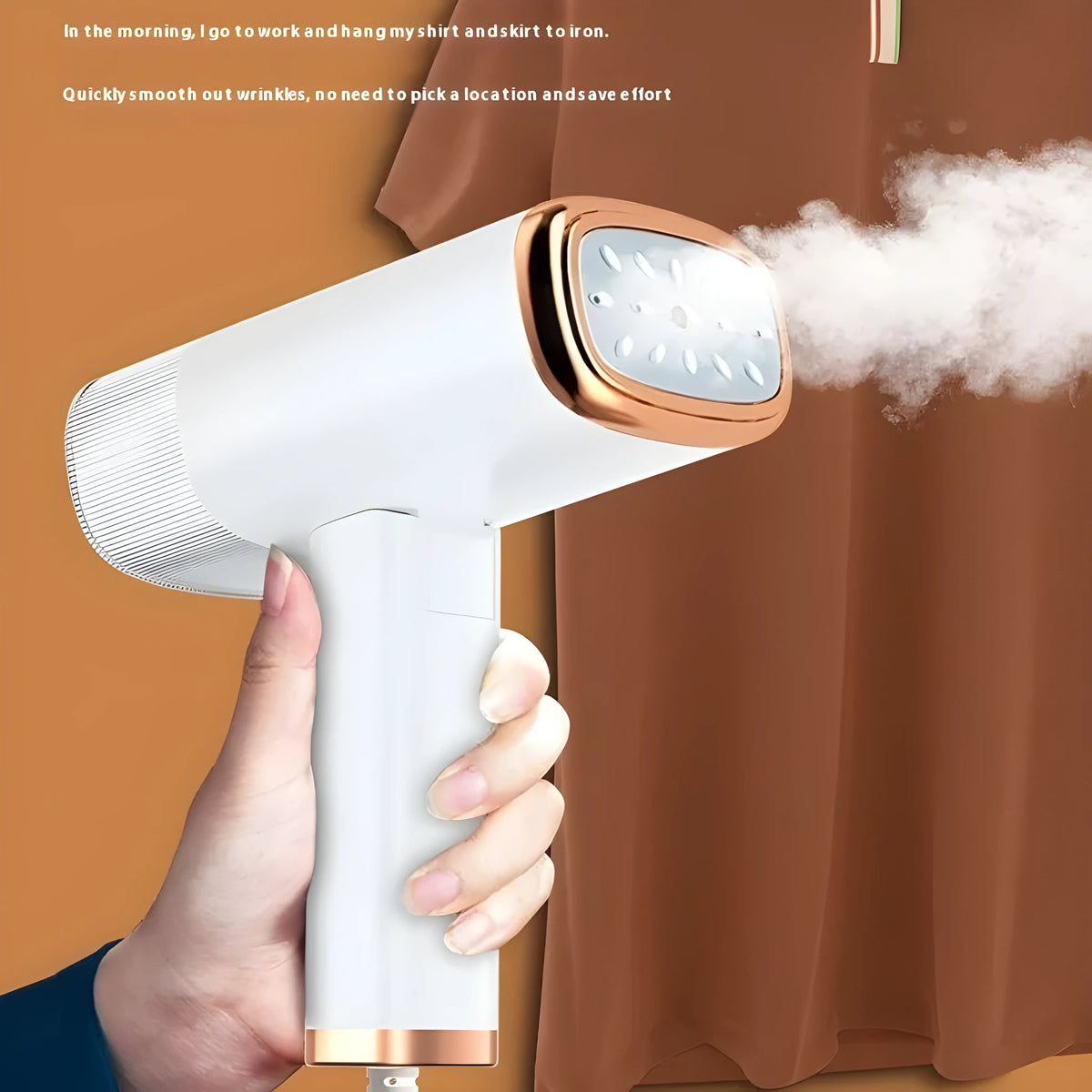 Portable handheld garment steamer in white foldable design with non-stick liner and UK plug