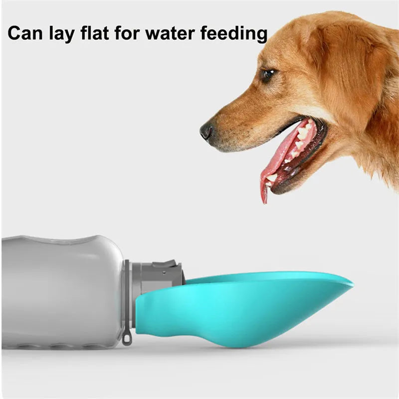 Blue grey foldable dog water bottle with drinking trough extended, showing 800ml capacity markings