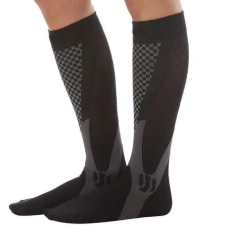 Unisex graduated compression socks in various colours with size measurement details