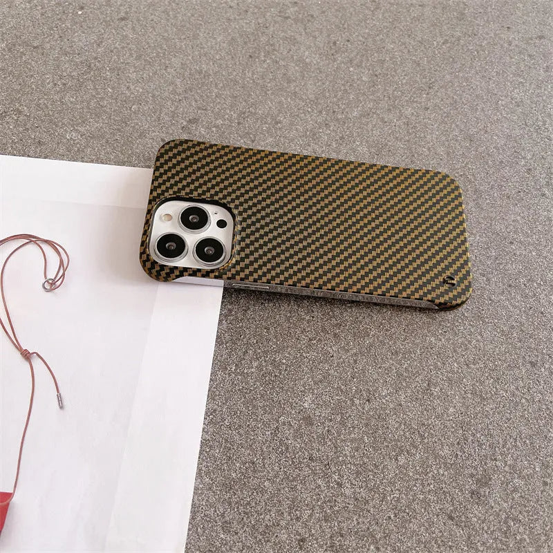 Frameless carbon fibre pattern hard shell phone case with bracket, plaid design, compatible with iPhone 12-16