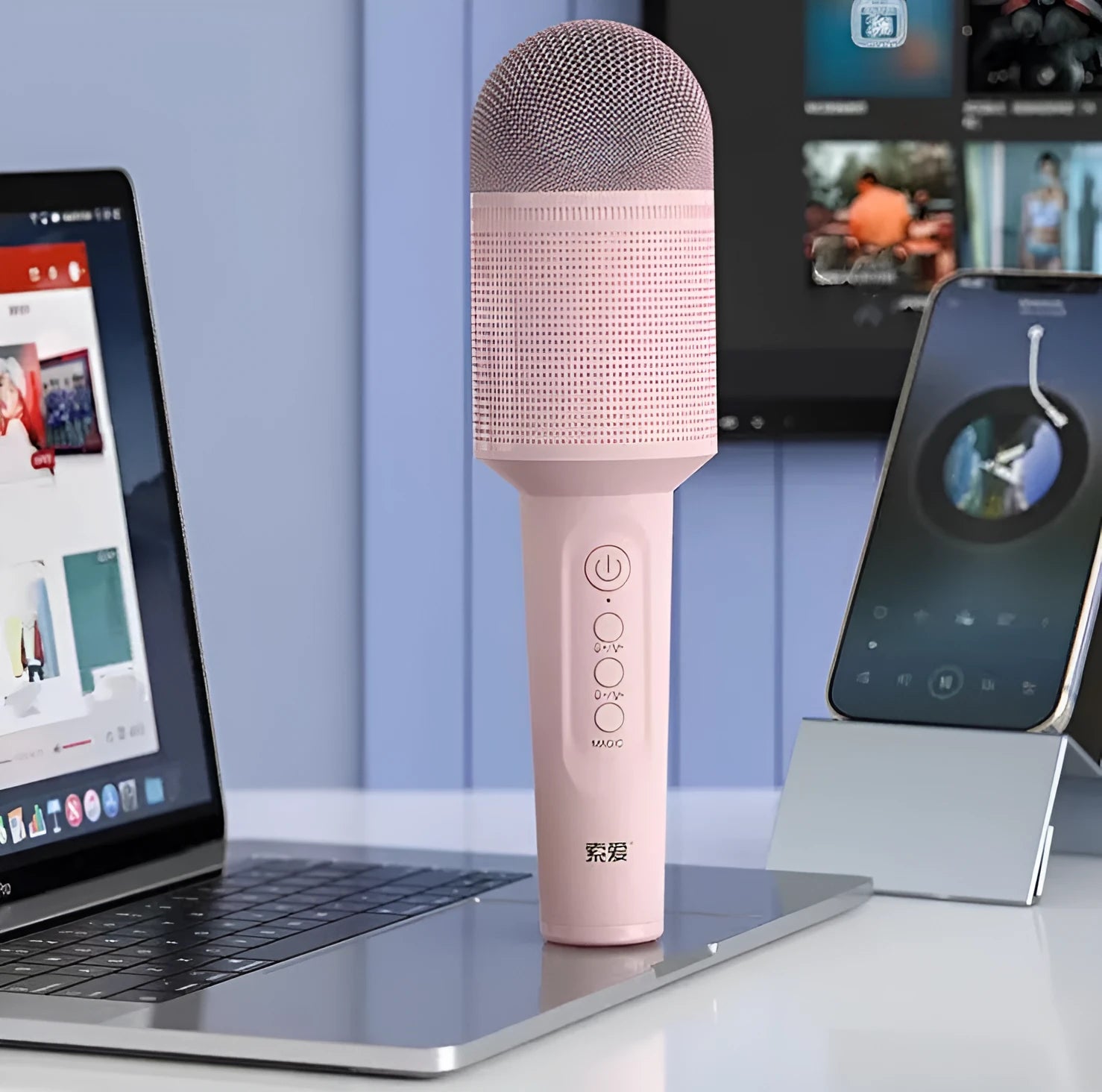 Wireless Bluetooth karaoke microphone in pink, blue, or green colour options with USB connection.