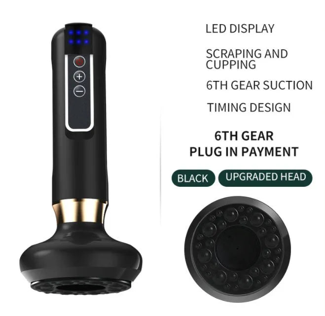 Green electric vacuum cupping massager with USB charger on a white background.