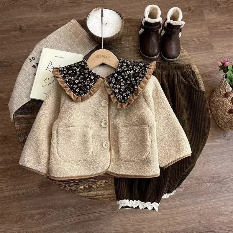 Mori style girls' fleece-lined khaki coat with long sleeves for winter, available in heights 80-140cm