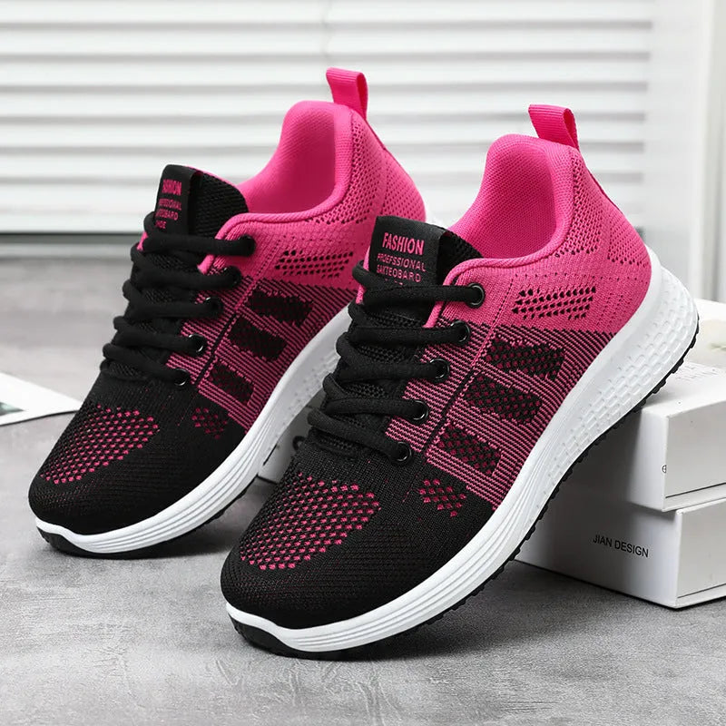 Women's running shoes with Flyknit upper in black, rose red, or gray pink with flat heel and soft bottom