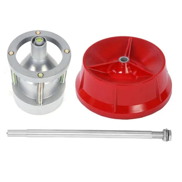 Portable aluminium hub balancer for car wheels with bull's eye level on a non-rust enamel base.