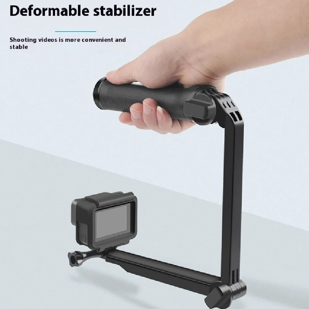 Black folding tripod stand for GoPro Hero action cameras on a flat surface