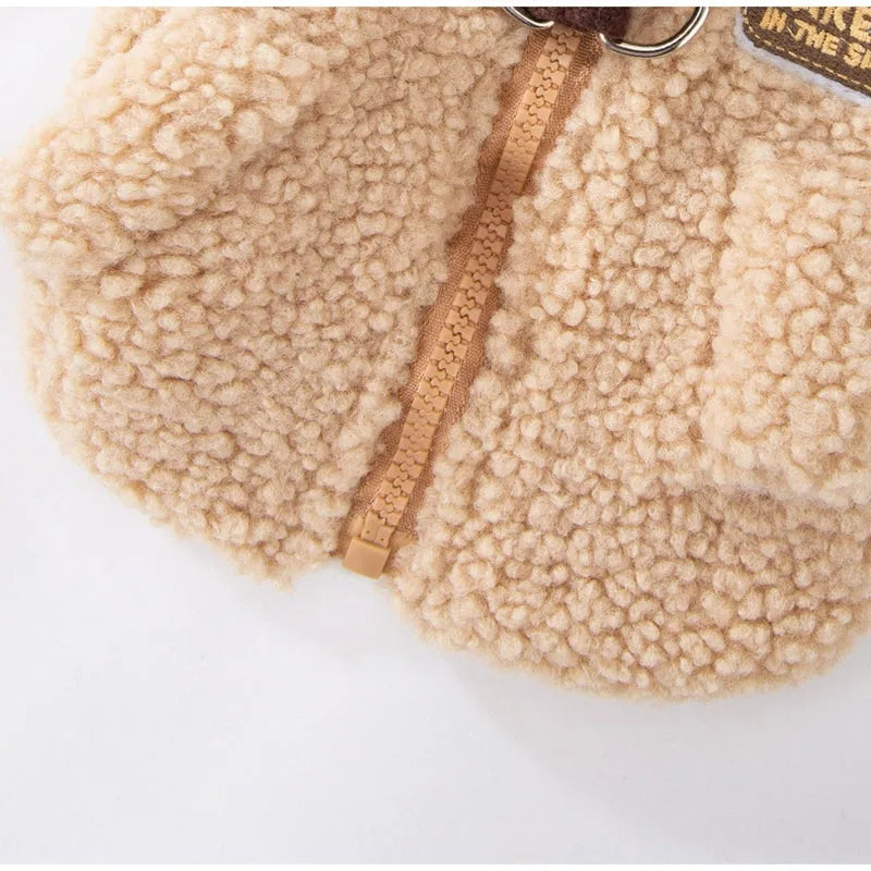 Color-block pet fleece jacket with squirrel patch in green brown beige for small dogs