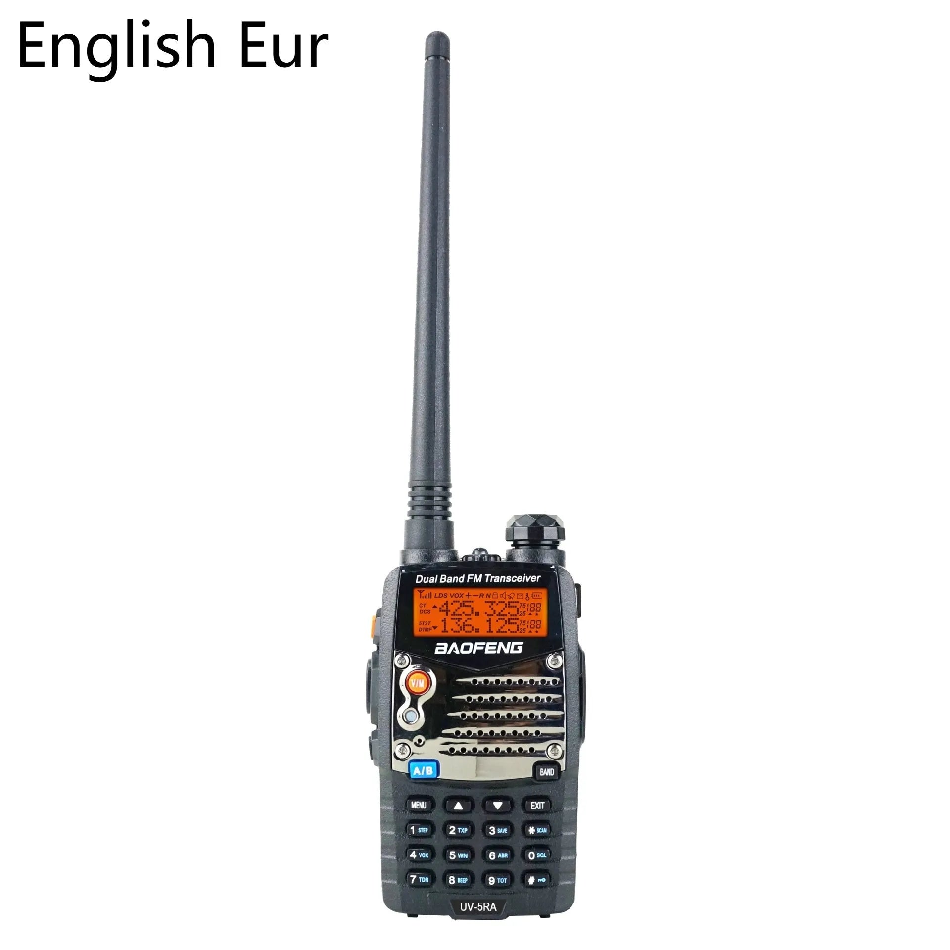 Baofeng UV-5RA black handheld dual-band two-way radio with dual display screen and keypad.