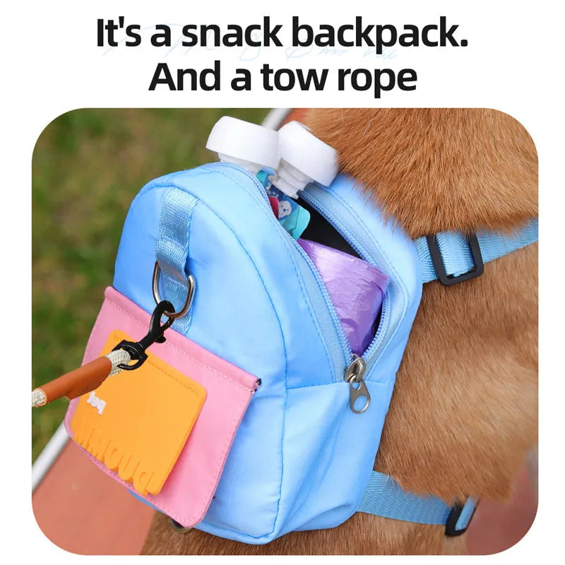 Blue polyester fibre dog backpack harness with snack storage compartments and adjustable straps
