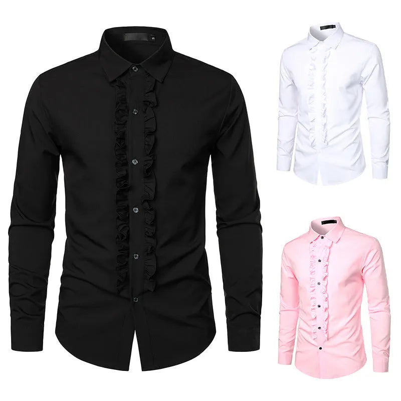 Men's long sleeve loose fit linen blend cardigan shirt in black, suitable for party or wedding wear