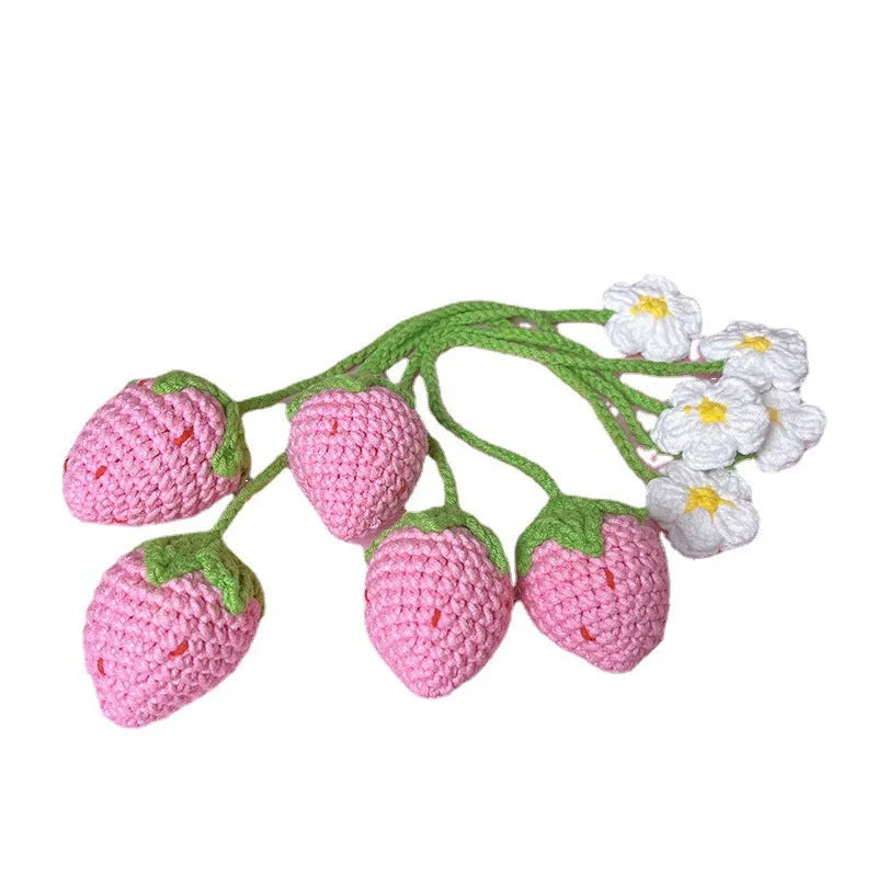 Wool crochet woven strawberry pendant on 35cm cord in pink and red colour options