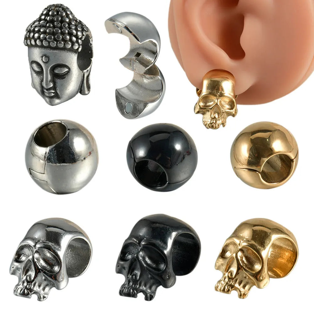 Stainless steel earring with a hollow skull Buddha geometric design in an electroplated finish.