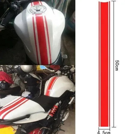 Long black and silver reflective pinstripe motorcycle sticker for gas tank lid application.