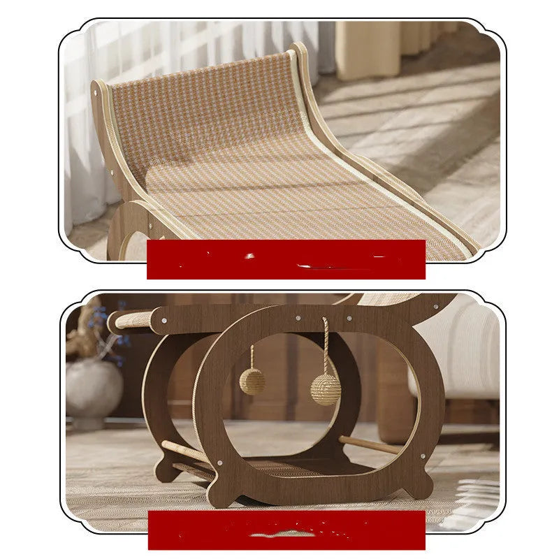 Solid wood sisal scratching mat for cats in walnut colour on a wooden floor