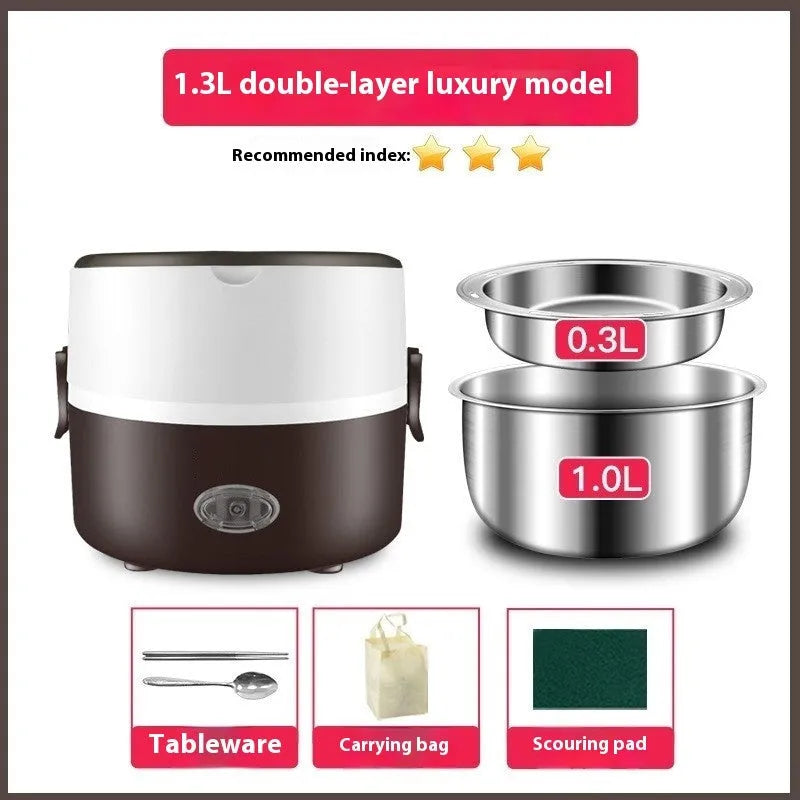 Portable plug-in insulated lunch box with stainless steel inner liner, coffee colour, double layer configuration, on a desk