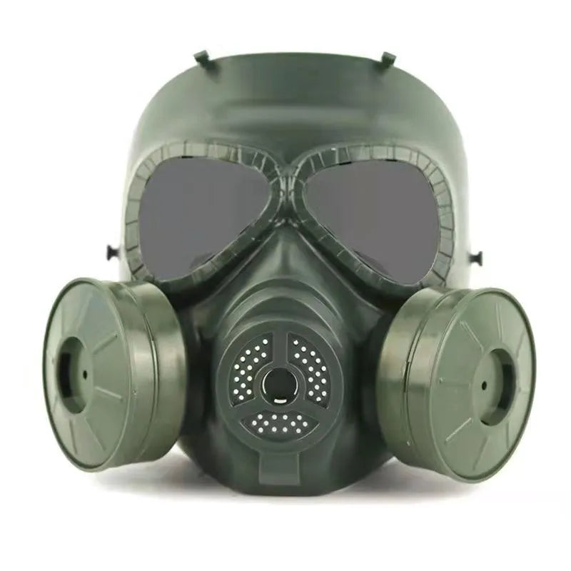 Real-life Field Equipment twin fan mask in black with transparent lens, head-mounted TPR design for outdoor use