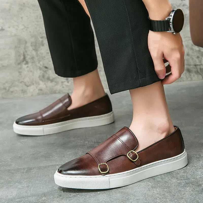 Men's business casual sneakers round toe low top artificial PU upper rubber sole black brown sides 38-46