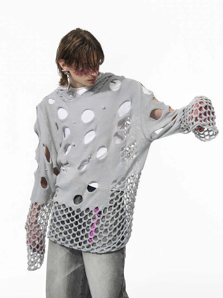 Black men's loose hoodie with pearl decorations on the hood, showing a hollow knit texture.