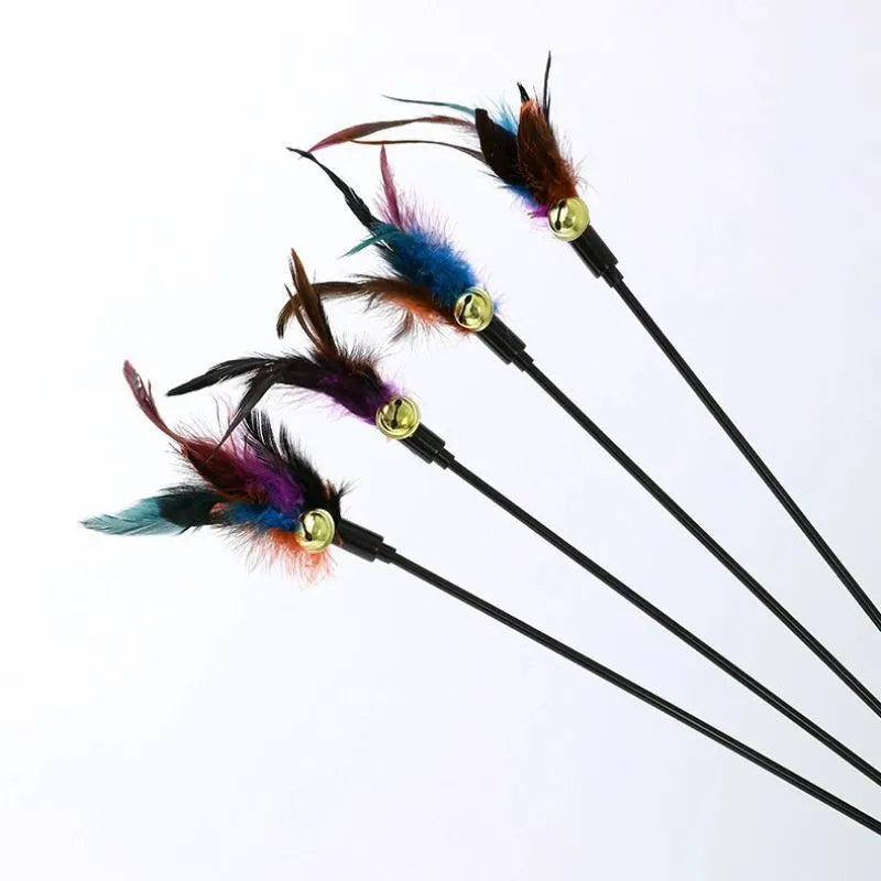 Rainbow cat feather toy stick with plush feathers and bells on plastic handle 35cm long