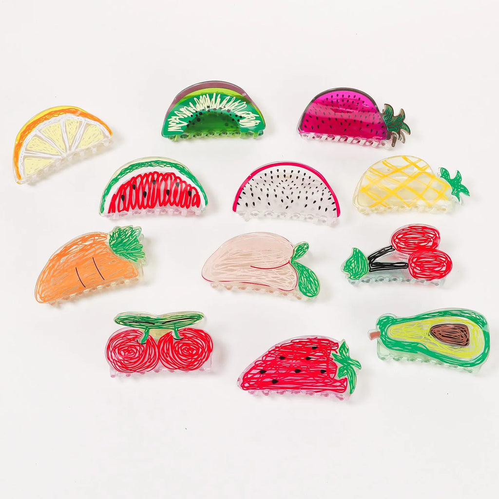 Transparent PVC hair clip with fruit design in asymmetric shape, available in 12 colour options A28