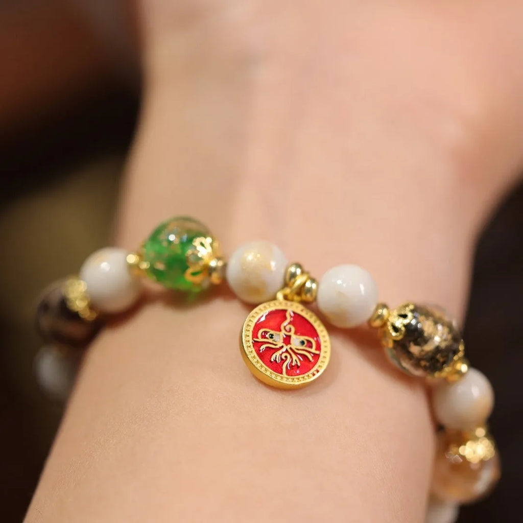 Handmade fragrant gray porcelain bracelet with Five Gods of Wealth motif and 10mm geometric beads