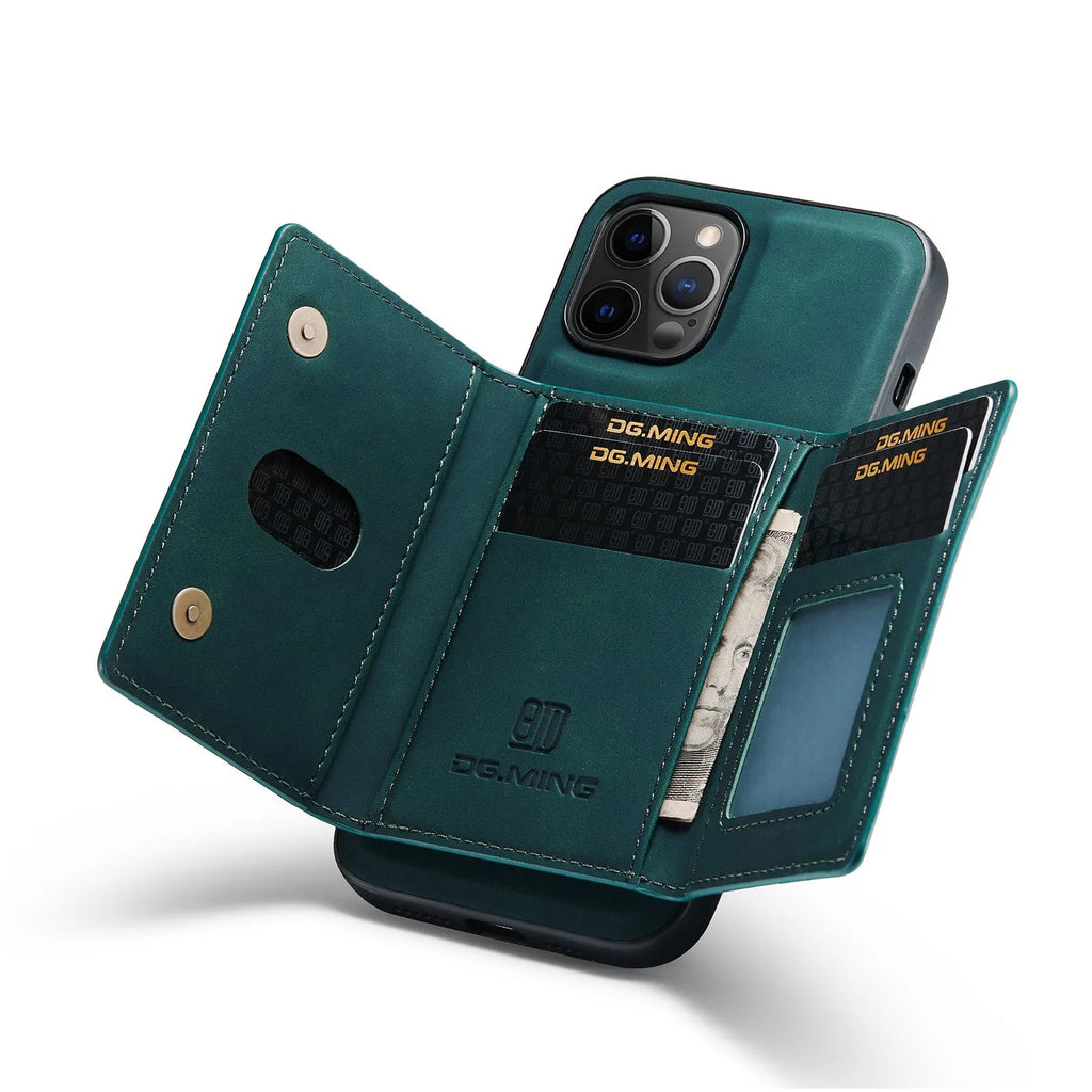 Magnetic multi function card holder phone case for iPhone in black, PU wallet style with split card slot