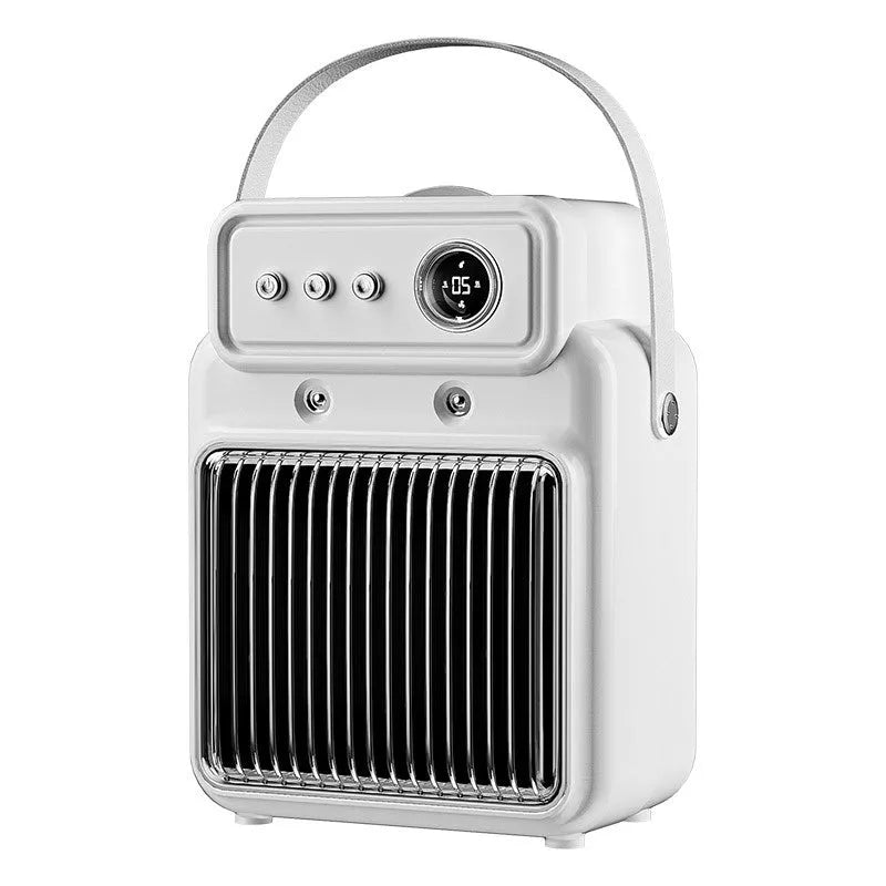 White portable table heater with humidifier function and digital control panel.