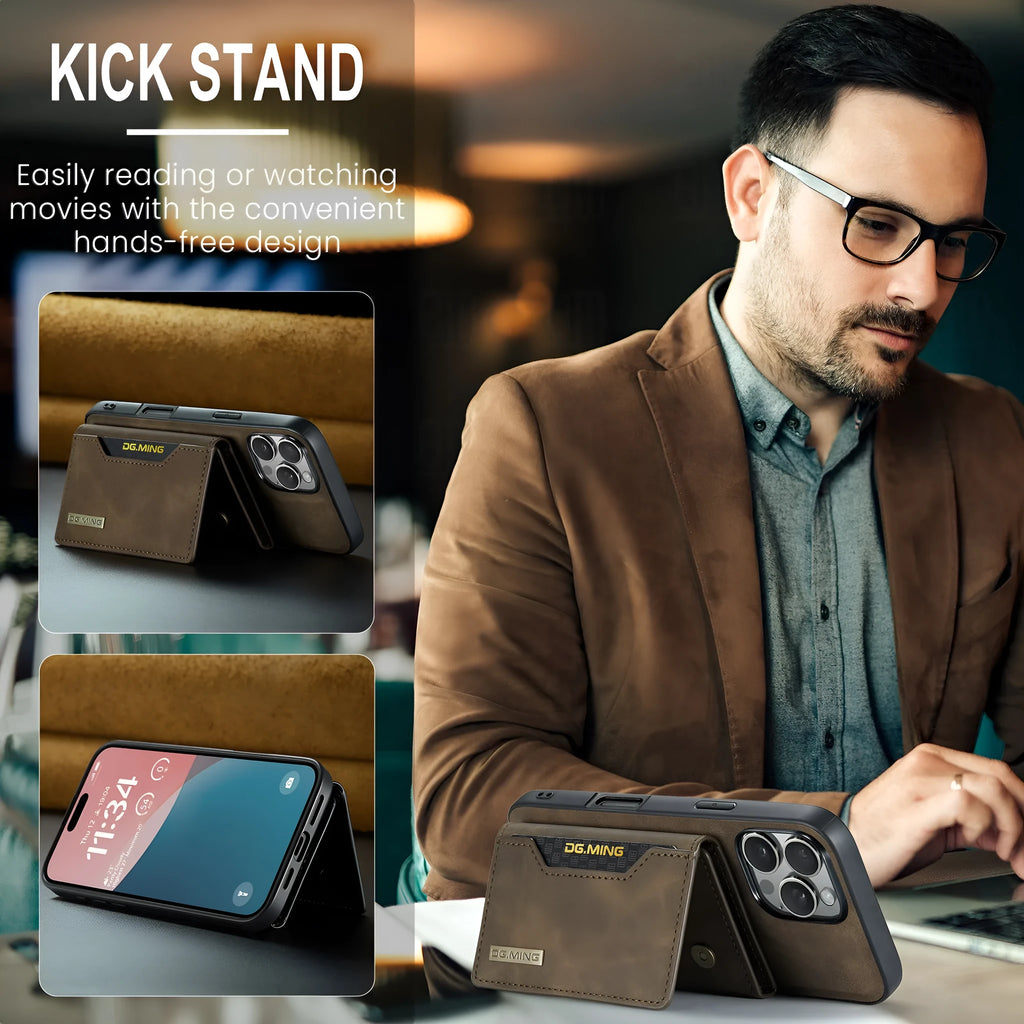 Magnetic card case for iPhone XR and iPhone 16 series in retro PU leather with card holder and glass back, available in five colours.