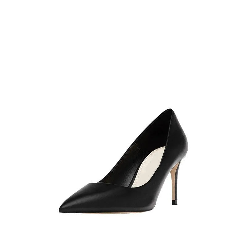Black microfiber pointed toe stiletto heel shoes with rubber sole for formal wear